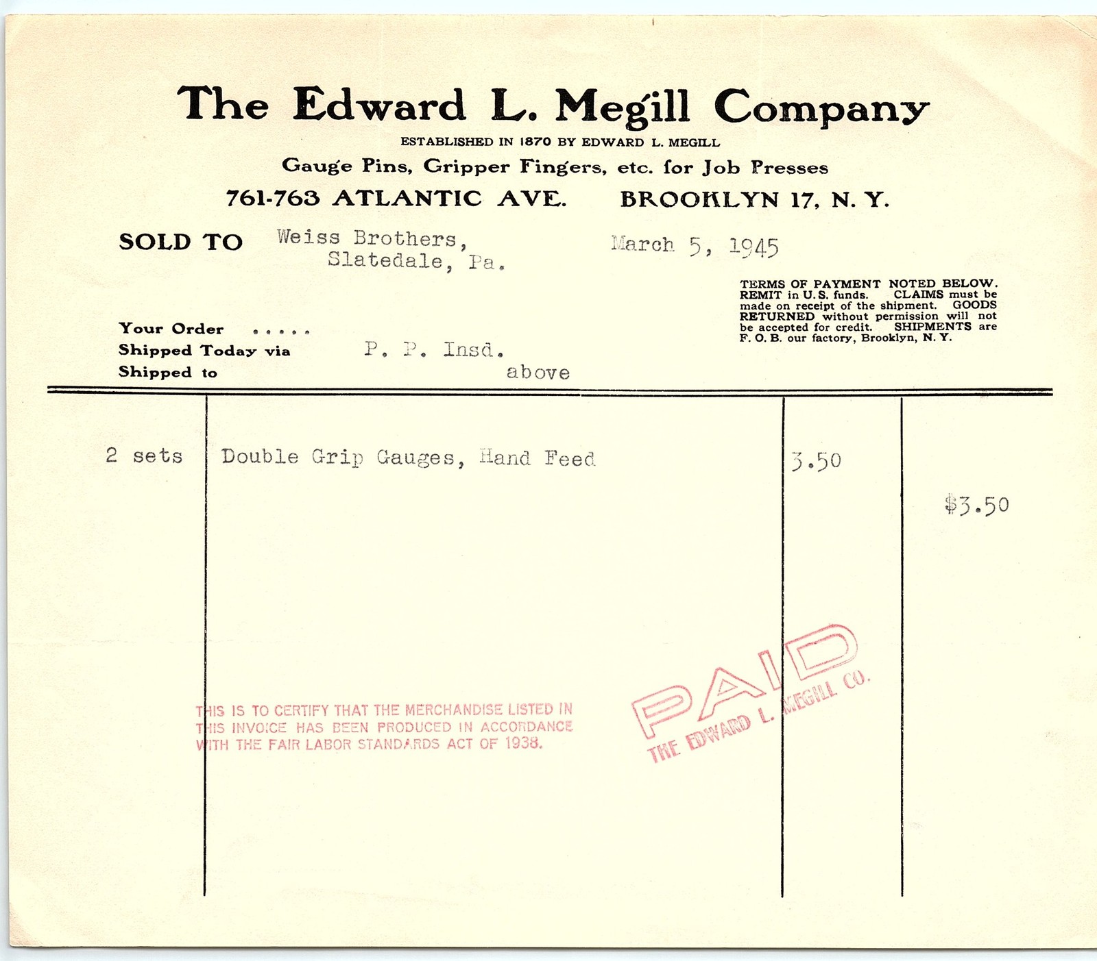 1945 Edward L. Megill Co. Job Press Supplies Billhead