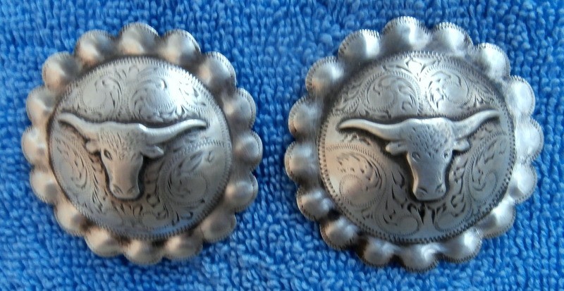Vintage Engraved Silver Steer Head Old Loop Back Conchos for bridle spur straps