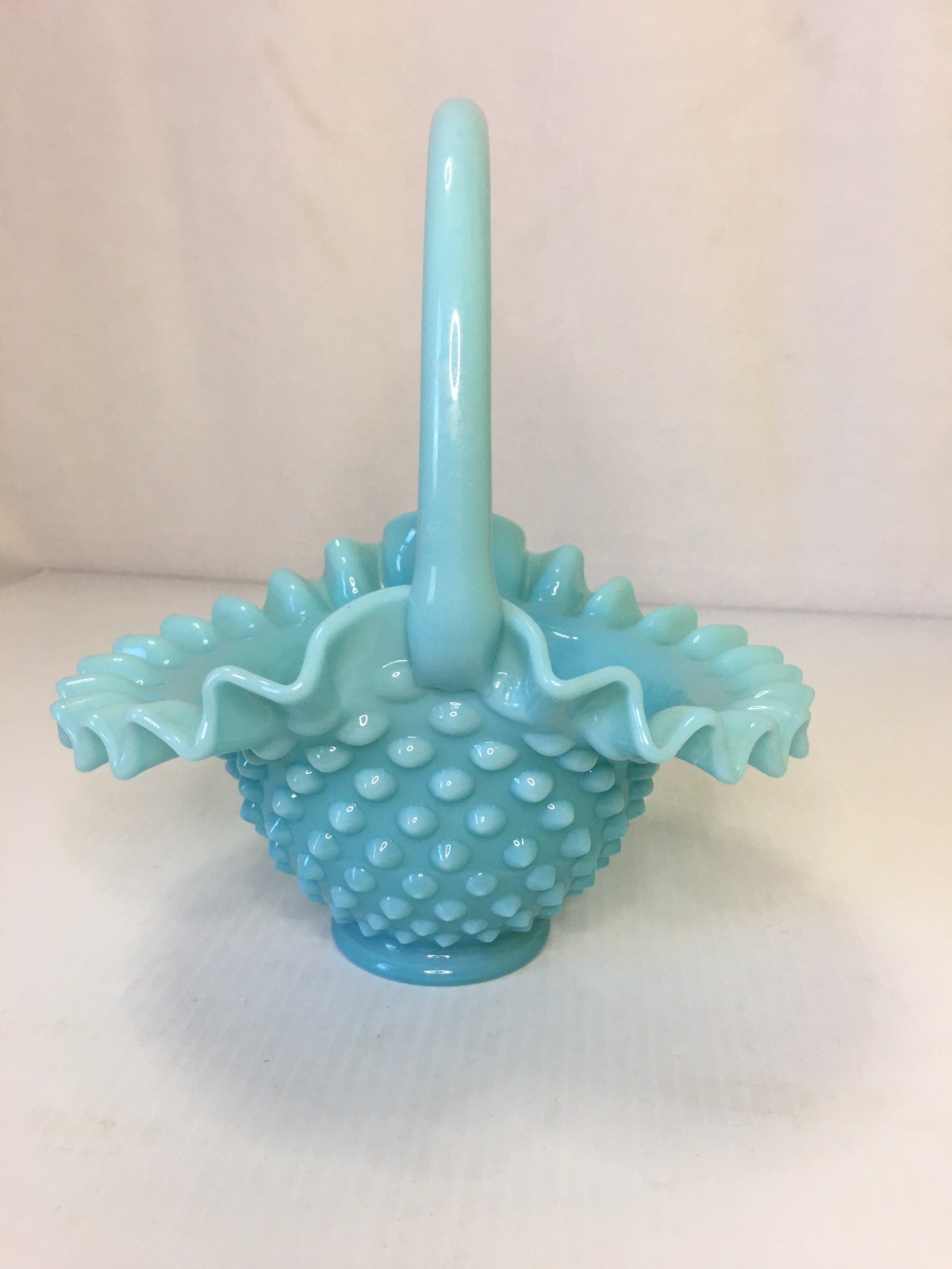 Vintage Fenton Milk Glass Pastel Blue Turquoise Ruffled Hobnail Basket (A) Vintage Fenton Milk Glass Pastel Blue Turquoise Ruffled Hobnail Basket (A)