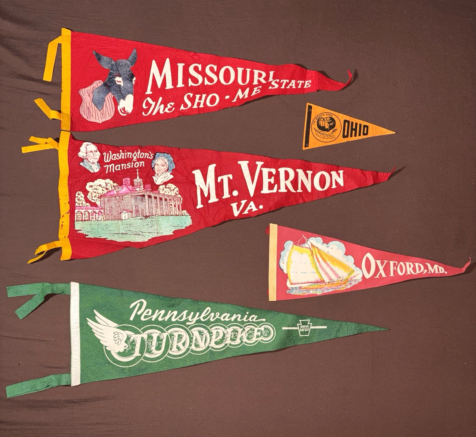 Vintage Souvenir Pennant Flags Lot Missouri Mt Vernon VA Oxford MD Ohio PA