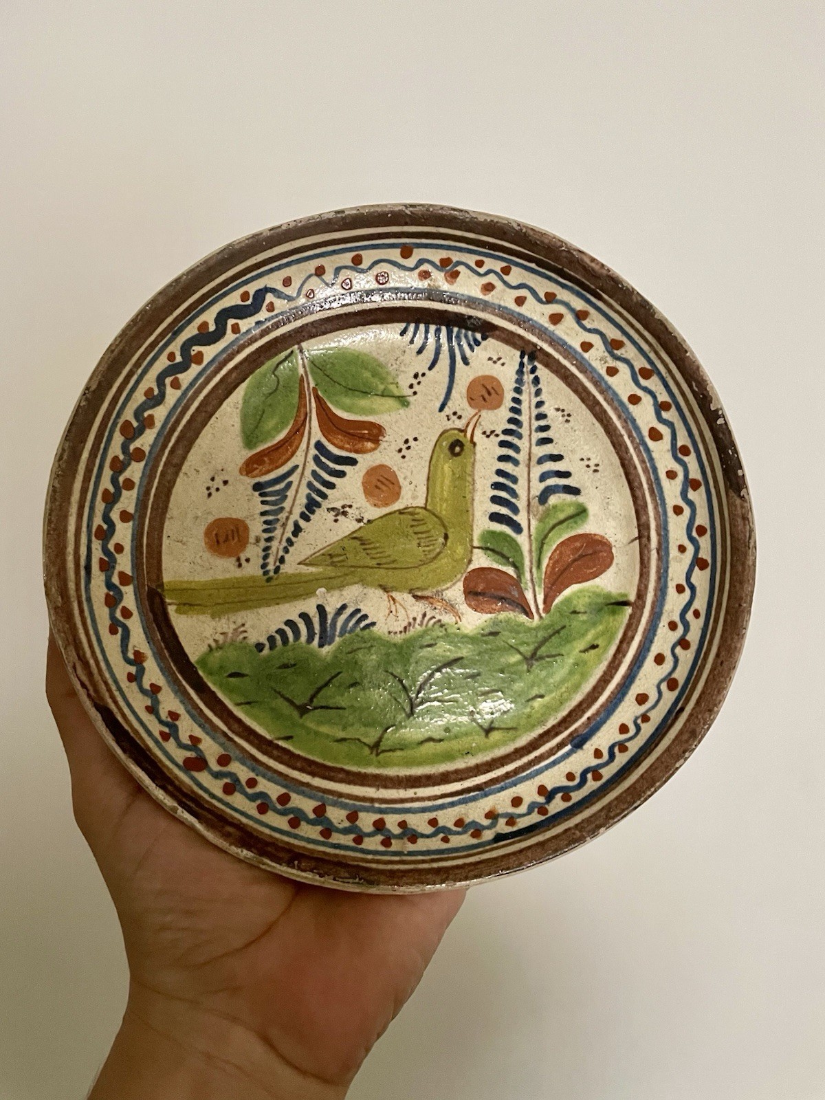 Antique Tlaquepaque Mexico Polychrome Folk Art Bird Pottery Decorative Plate