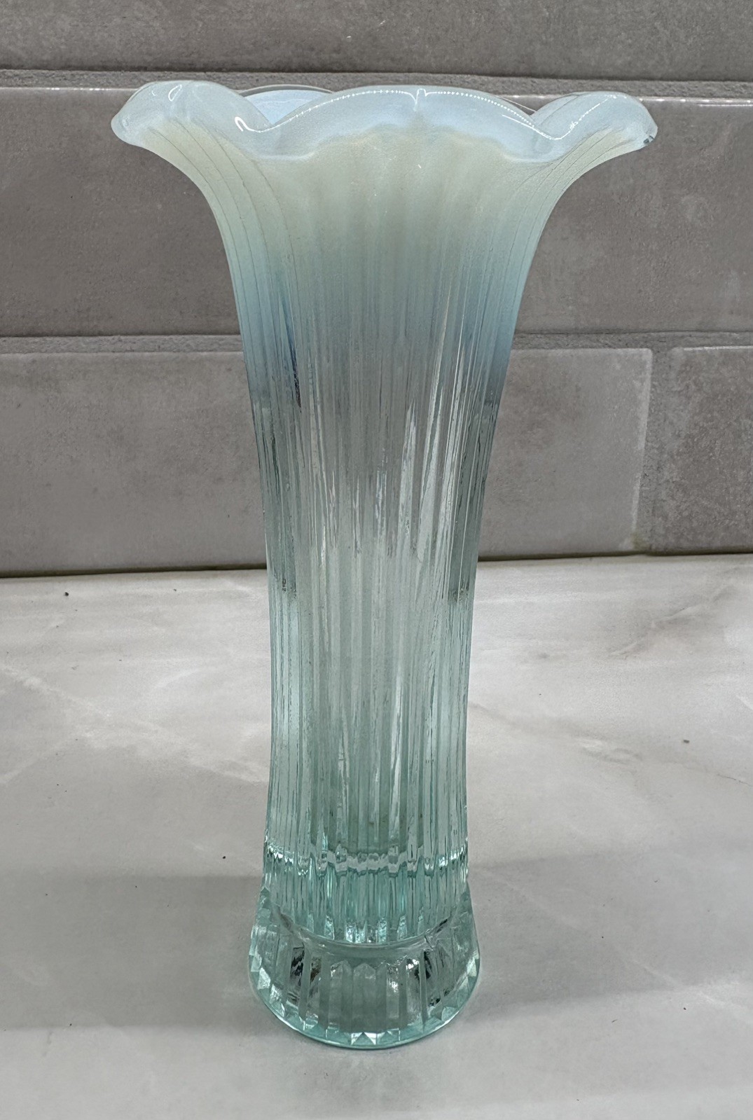 Fenton Glass Sheffield Aquamarine Blue Ruffled Edge Bud Vase 6.5 Inches Tall