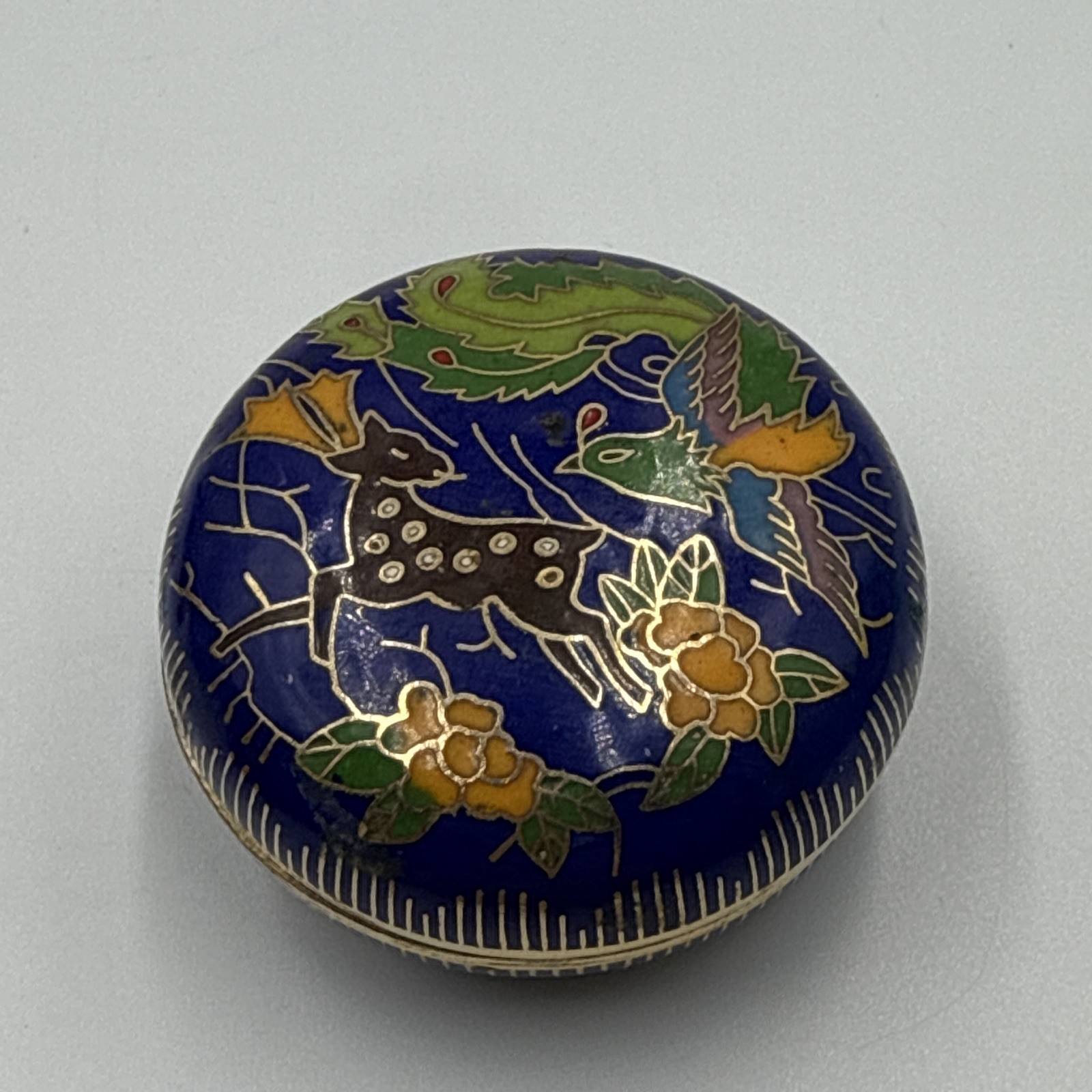 Vintage Chinese Cloisonné Blue Enamel Deer & Phoenix Trinket Box Vintage Chinese Cloisonné Blue Enamel Deer & Phoenix Trinket Box