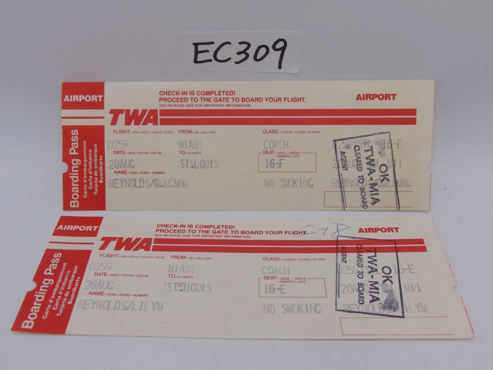 Vintage TWA Travel Boarding Pass Lot 1980's Trans World Airlines Lot of 2