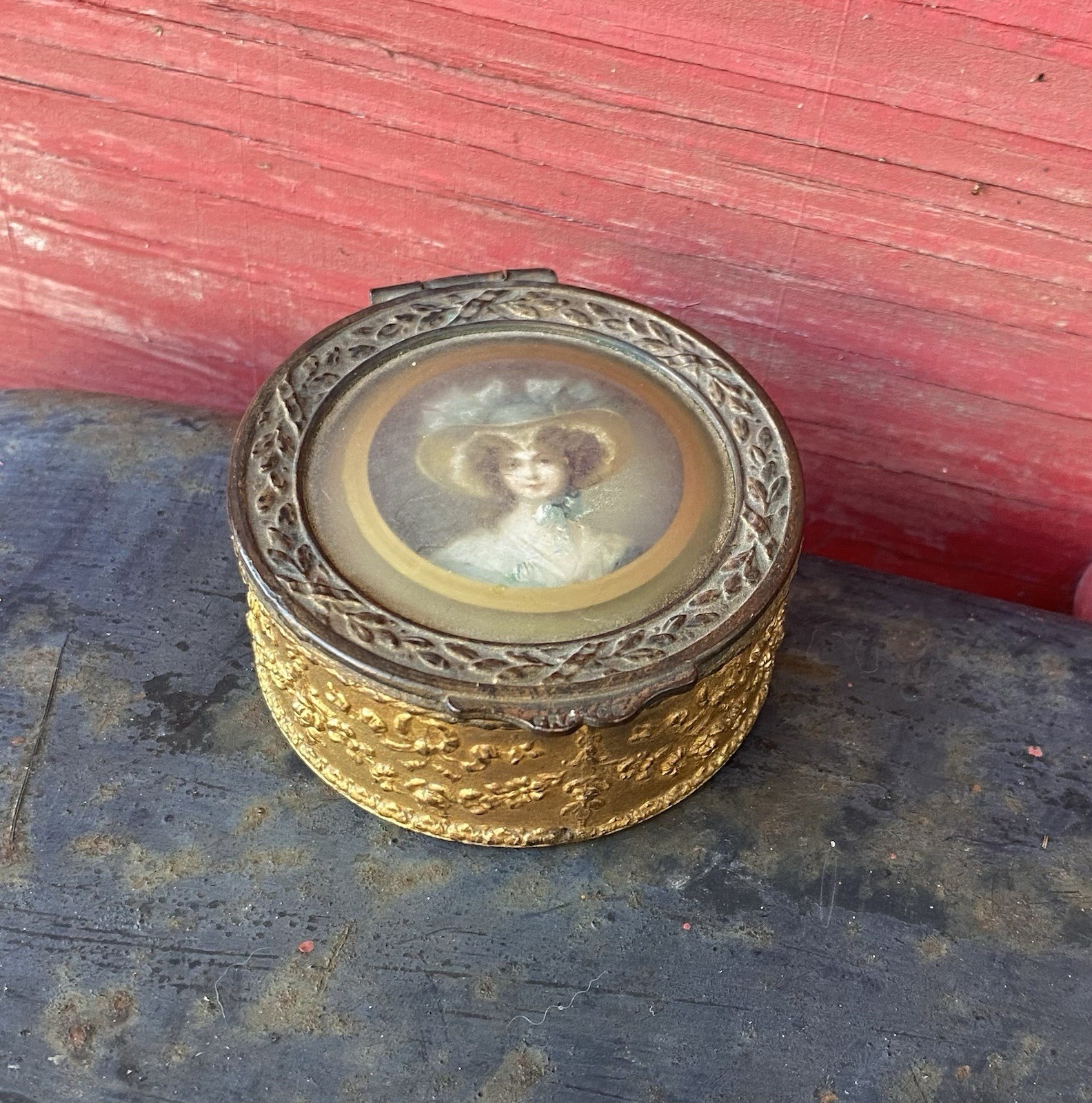 Antique French Ormolu Hand Painted Bronze Vanity Trinket Box