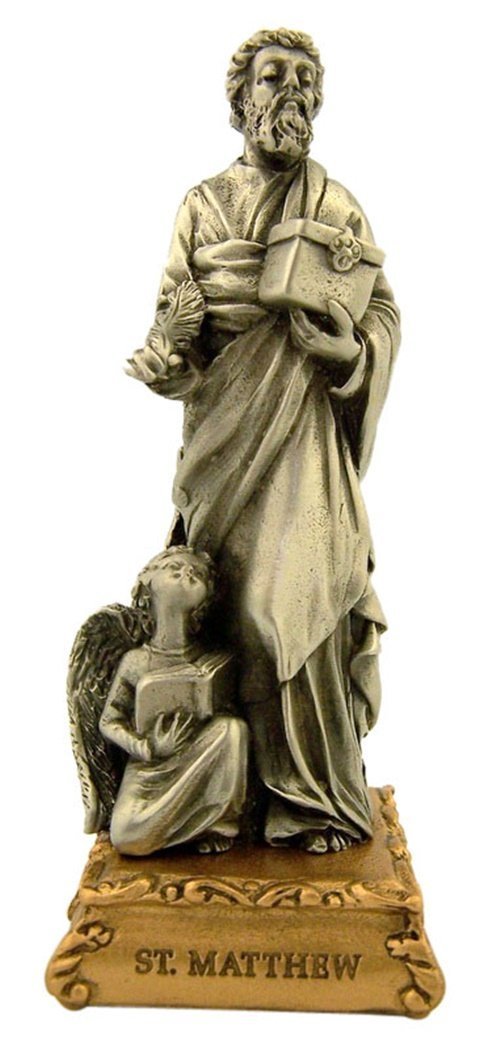 Pewter Saint St Matthew Figurine Statue on Gold Tone Base, 4 1/2 Inch Pewter Saint St Matthew Figurine Statue on Gold Tone Base, 4 1/2 Inch