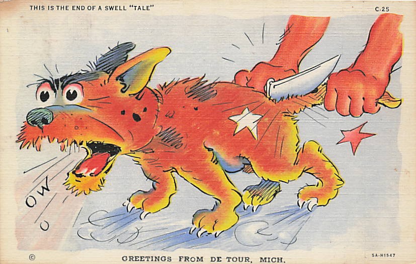 Postcard MI: Greetings from De Tour, Michigan, Dog Cartoon