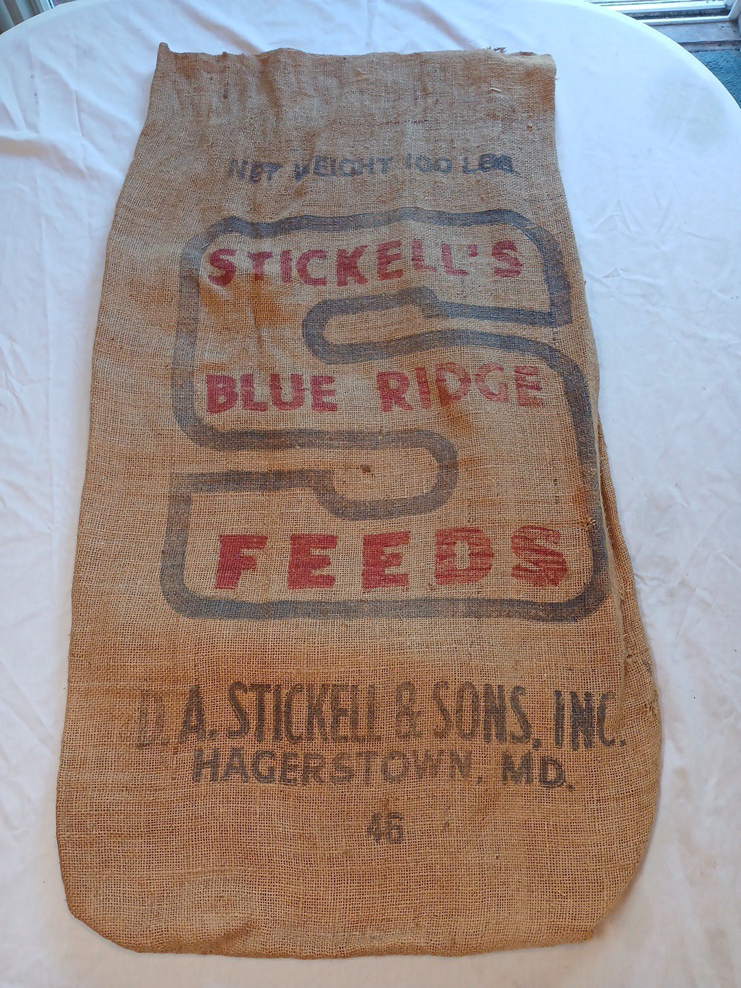 Vintage Strickell\'s Blue Ridge Burlap Farm Feed Seed Bag 39 x 21 Hagerstown MD