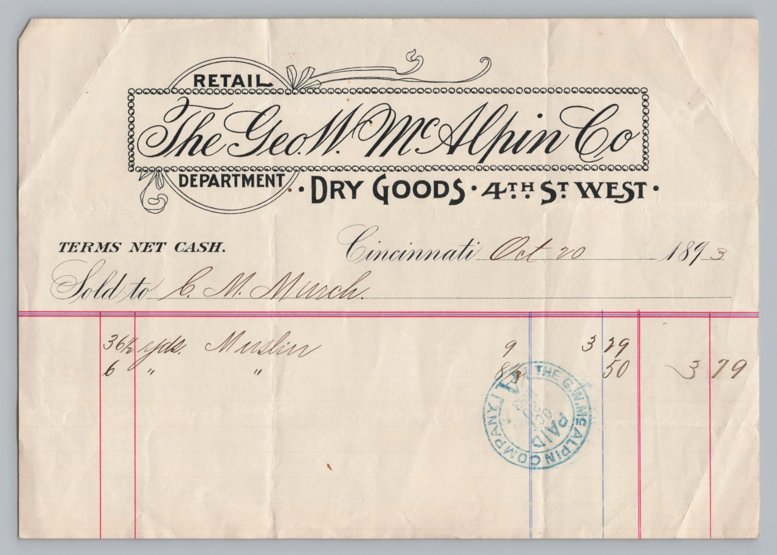 1883 Geo W McAlpin Co Cincinnati OH Dry Goods Department Store Billhead Receipt
