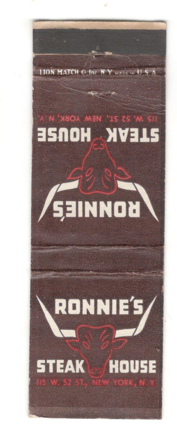 RONNIE\'S STEAK HOUSE 52ND STREET NEW YORK CITY Vintage Matchbook Cover SM2