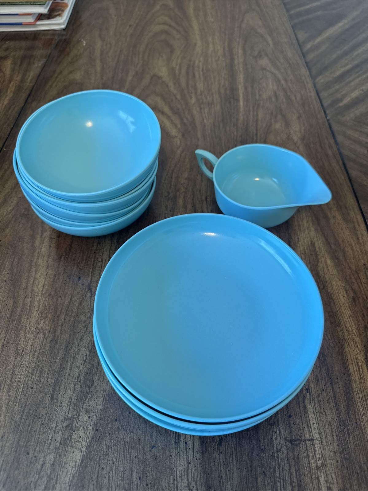 VTG Various Mfg Teal Melamine 11 Piece Mixed Dish Lot Bowls Creamer Plate