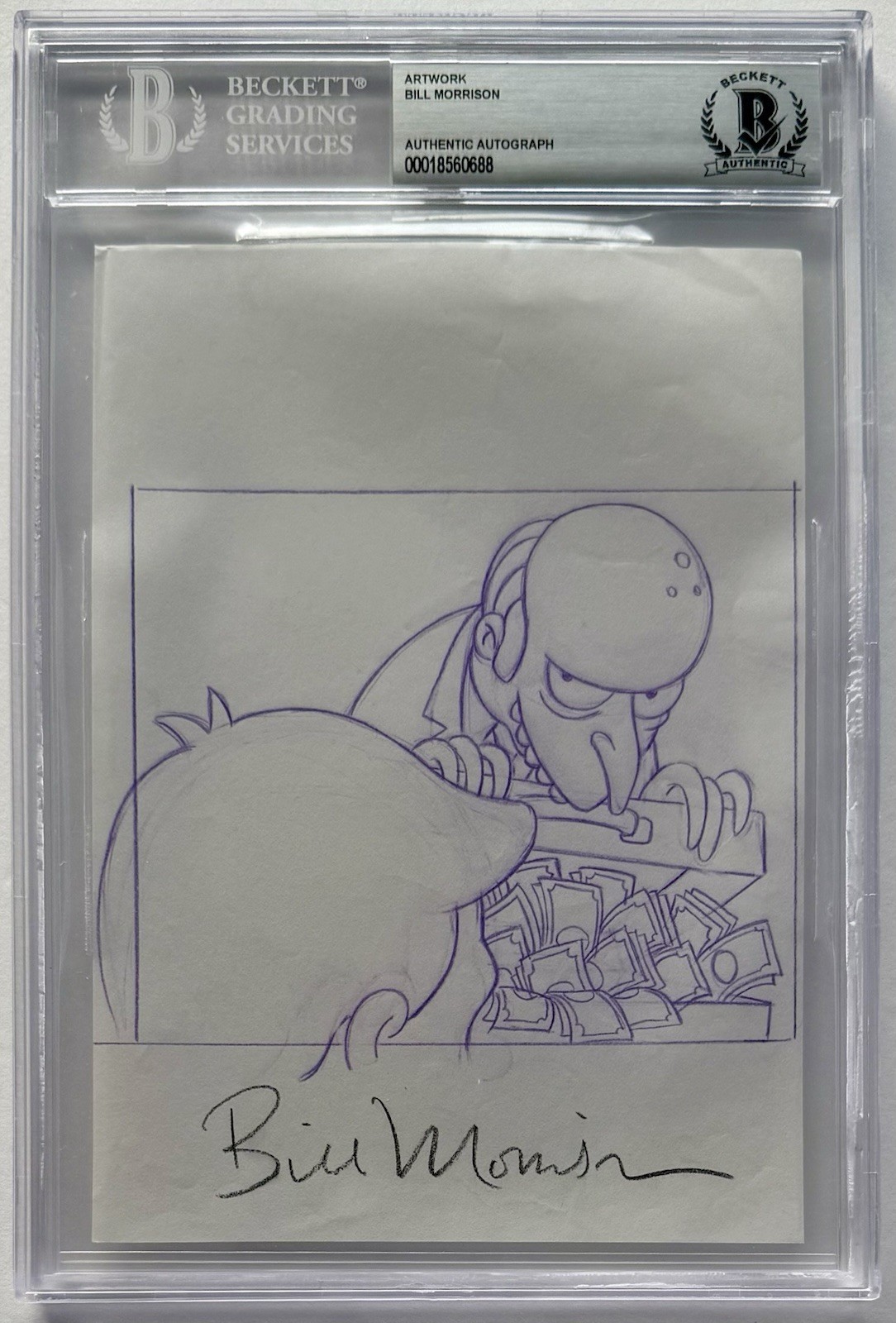 BILL MORRISON SIGNED & SKETCH 5X7 BECKETT ART AND AUTO MR BURNS CASH BRIEFCASE