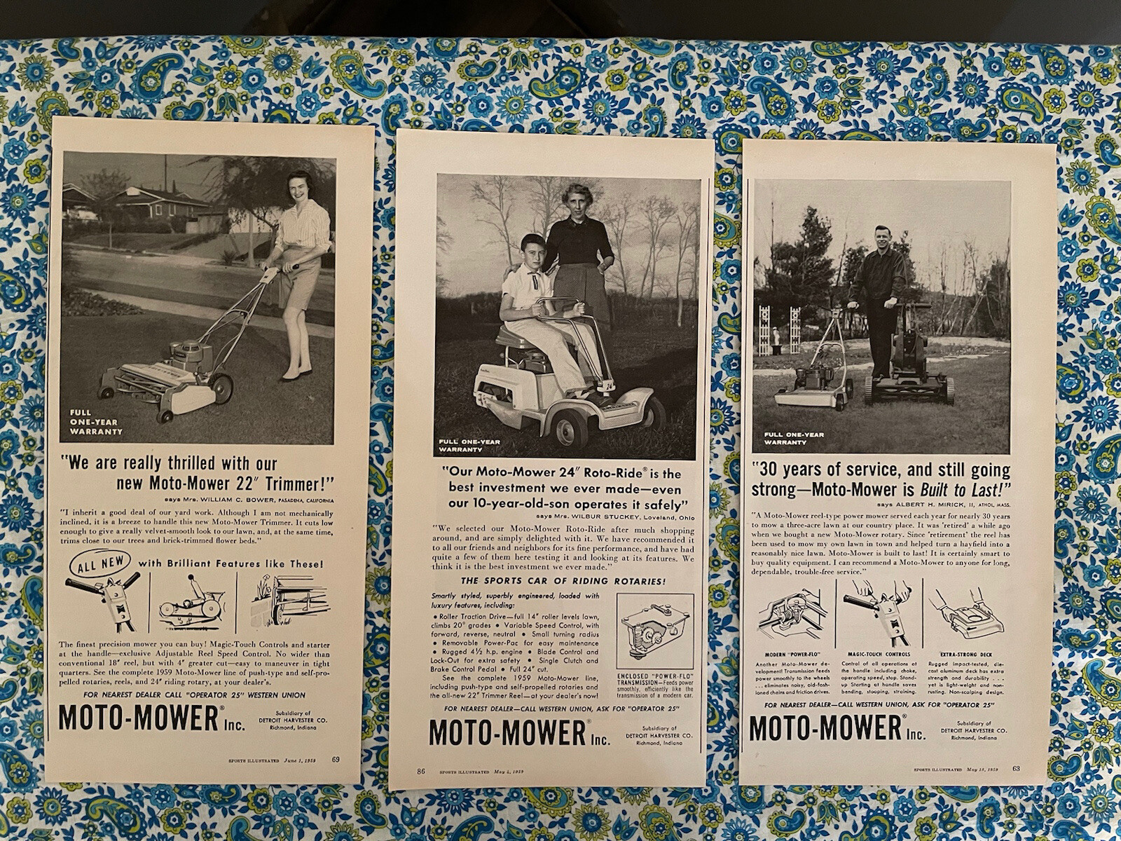 (3) Vintage 1959 Moto Mower Lawn Mower Print  Ad Qty 3
