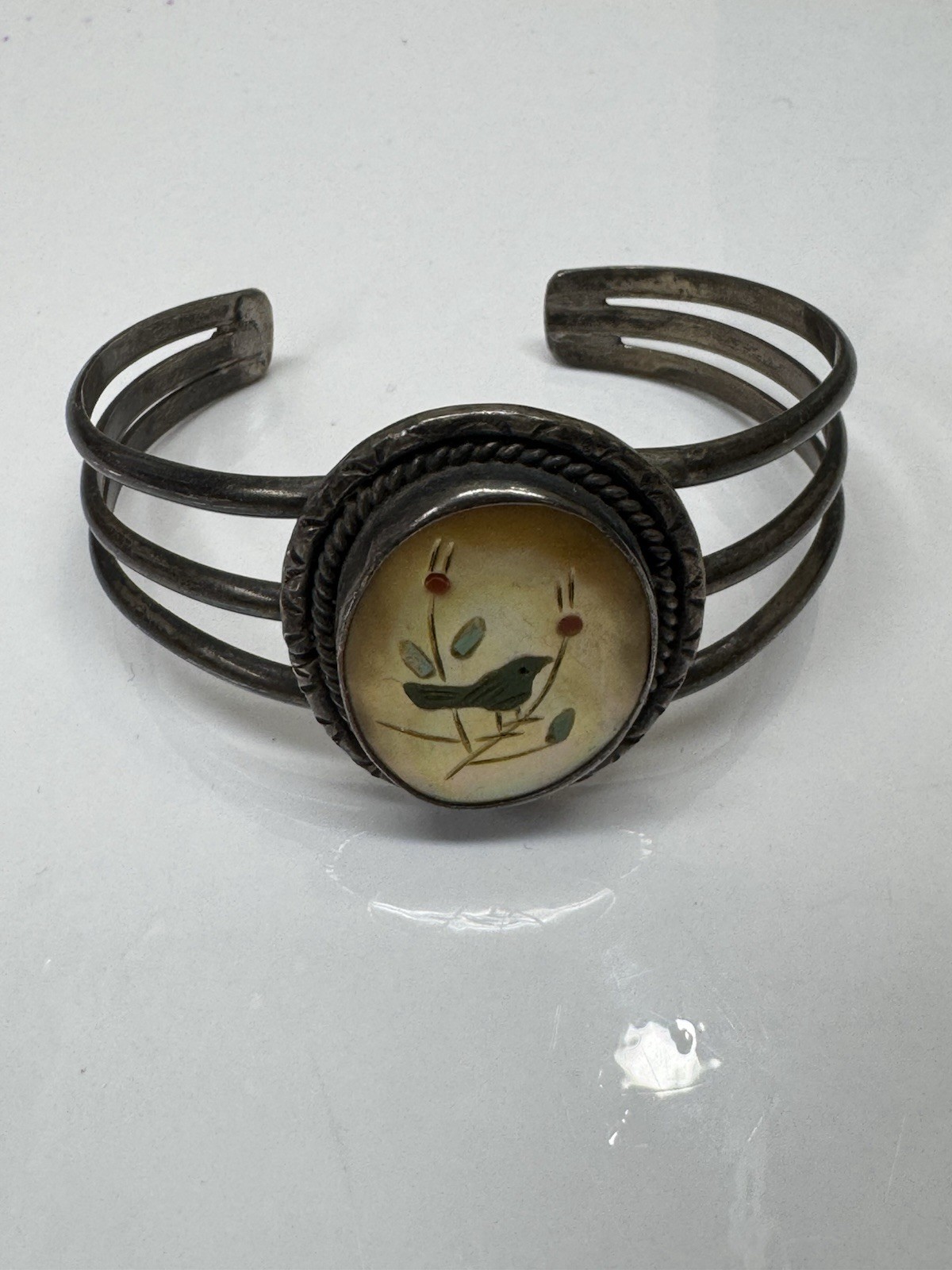 Vintage Zuni Sterling Silver Bracelet Inlay Bird