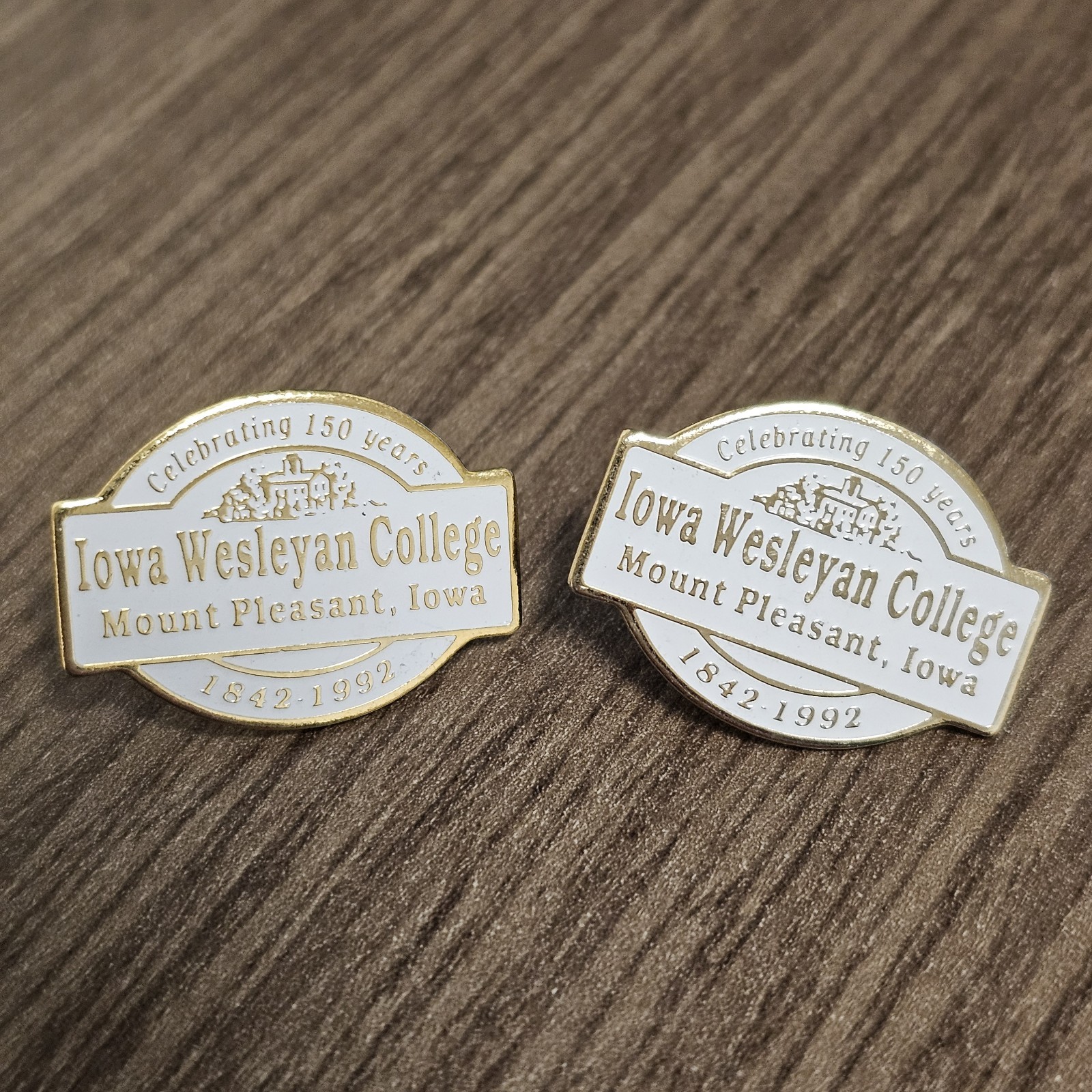 Vintage Iowa Wesleyan College 150th Anniversary Pins 1842 1992 Set of 2