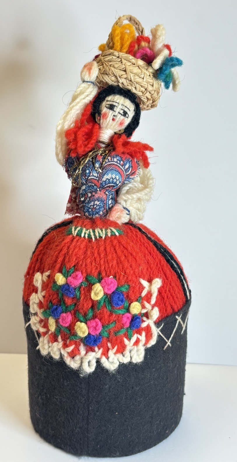 Vintage Portuguese Folk Art Doll Trinket Box Embroidered Basket Lady 7”