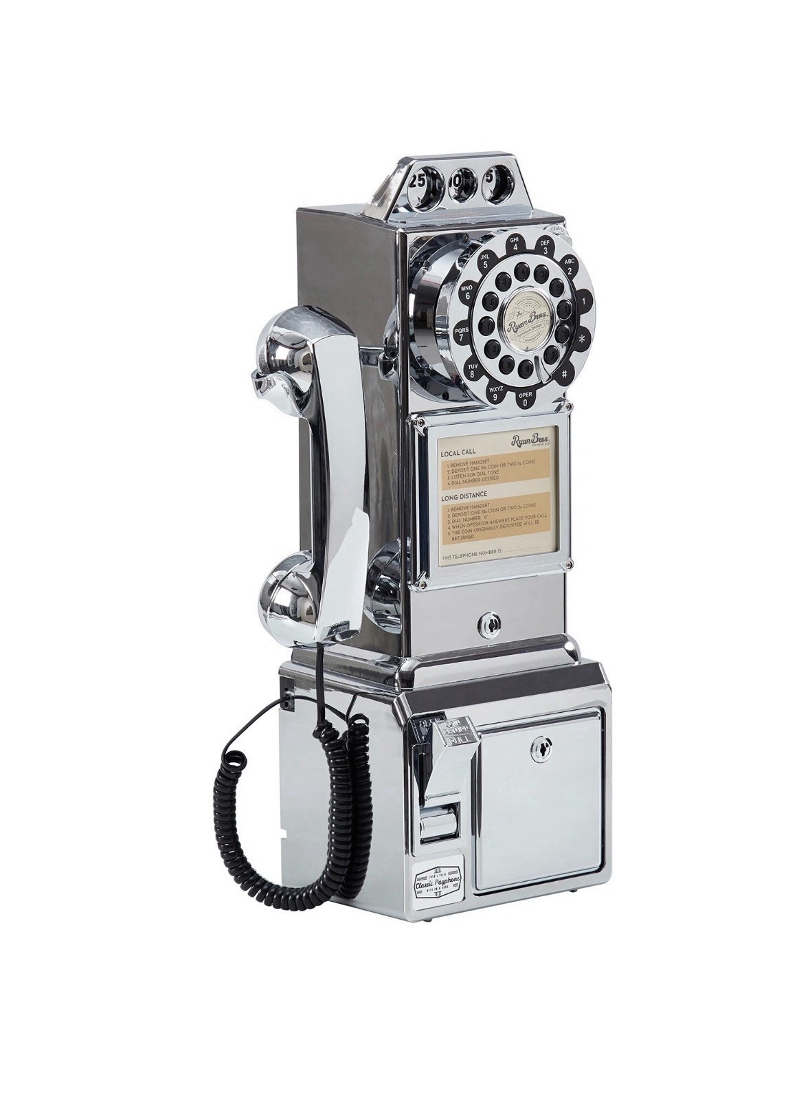 Ryan Bros. Retro 1950\'s Payphone Coin Bank Wall-Mount Corded Phone - Silver
