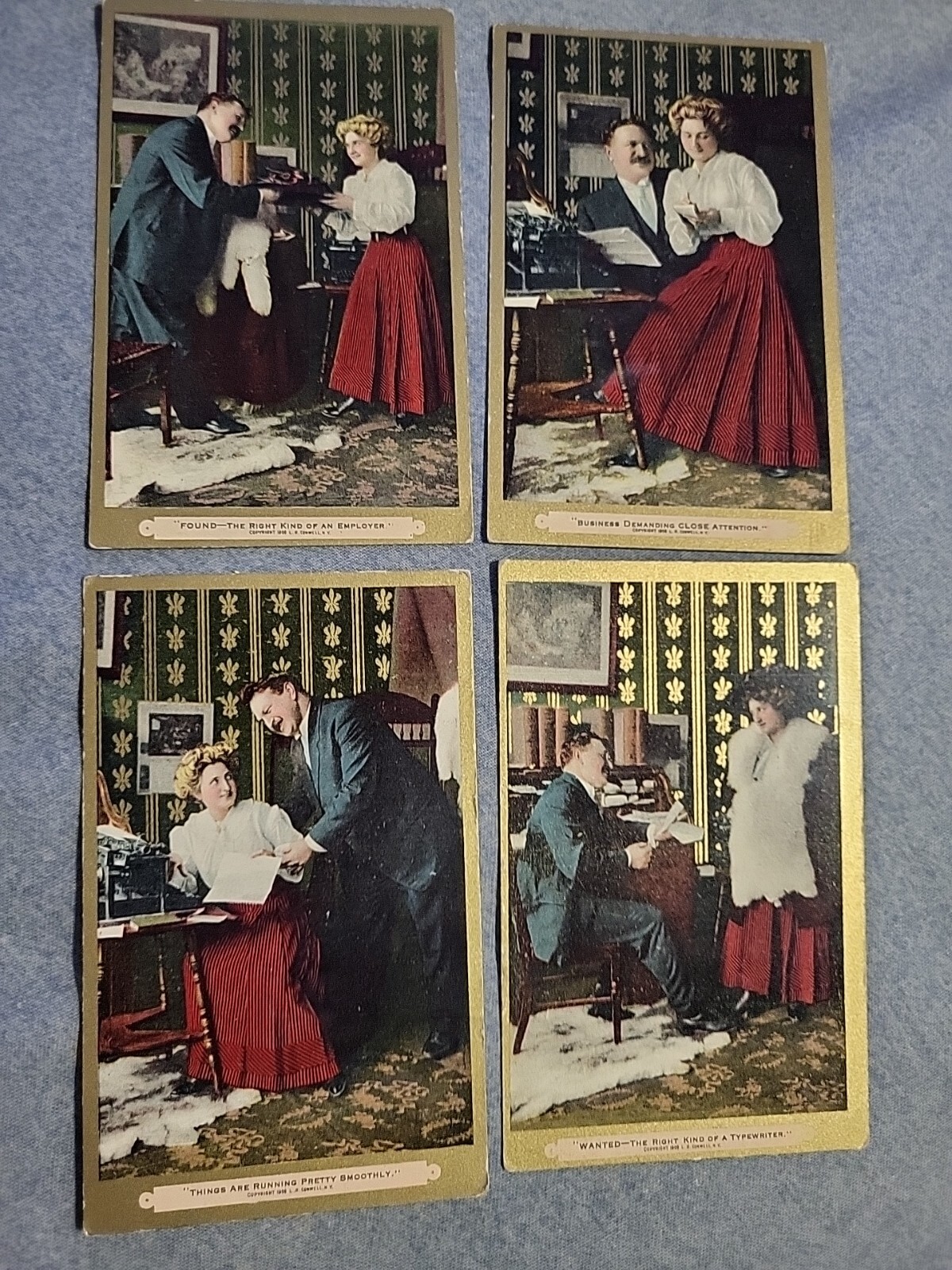 Vtg 1909 Victorian Era Typewriter Typist Secretary & Boss 4 Unused Postcard Set