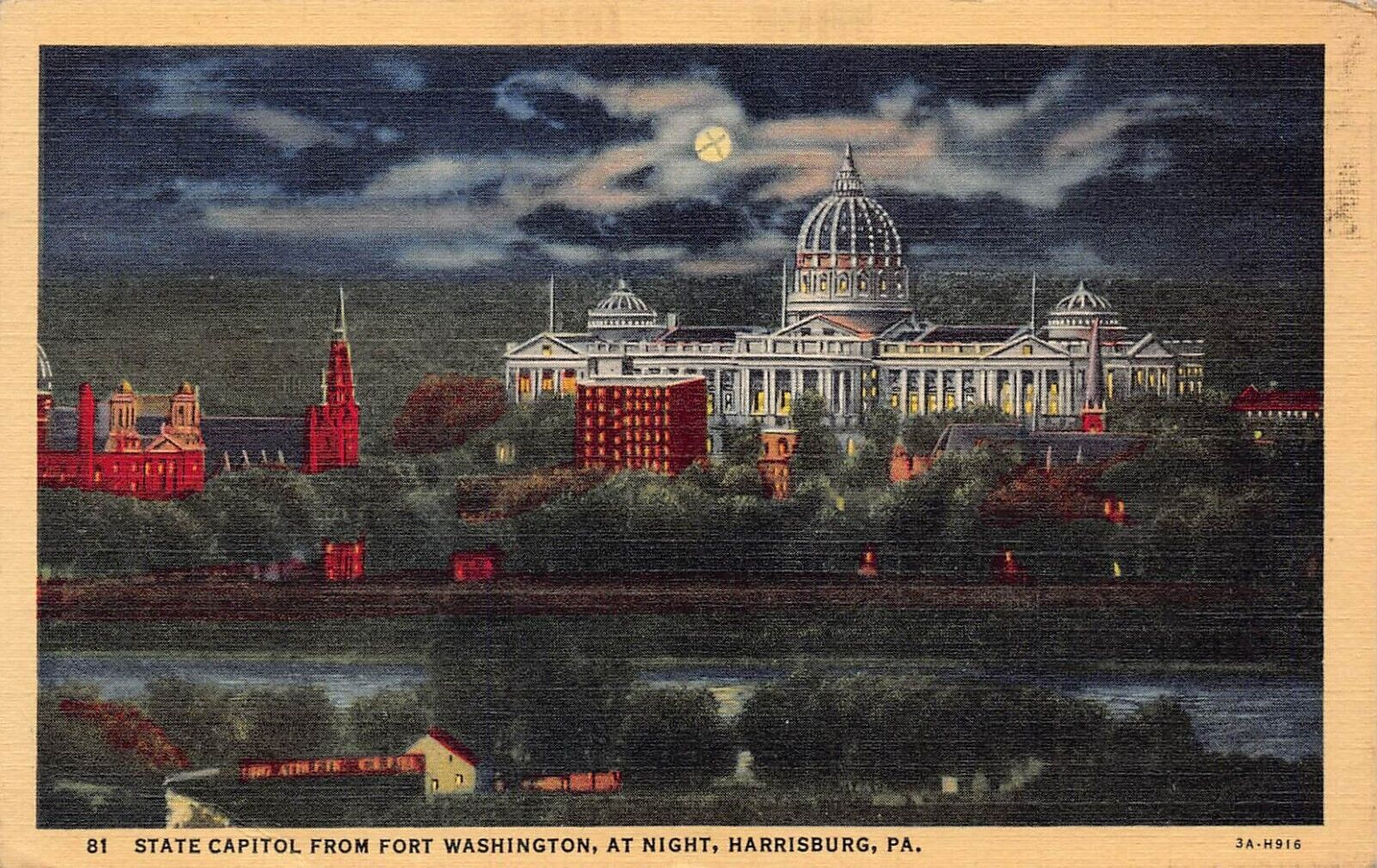 Harrisburg PA-Pennsylvania State Capitol Fort Washington Night Linen Postcard L5