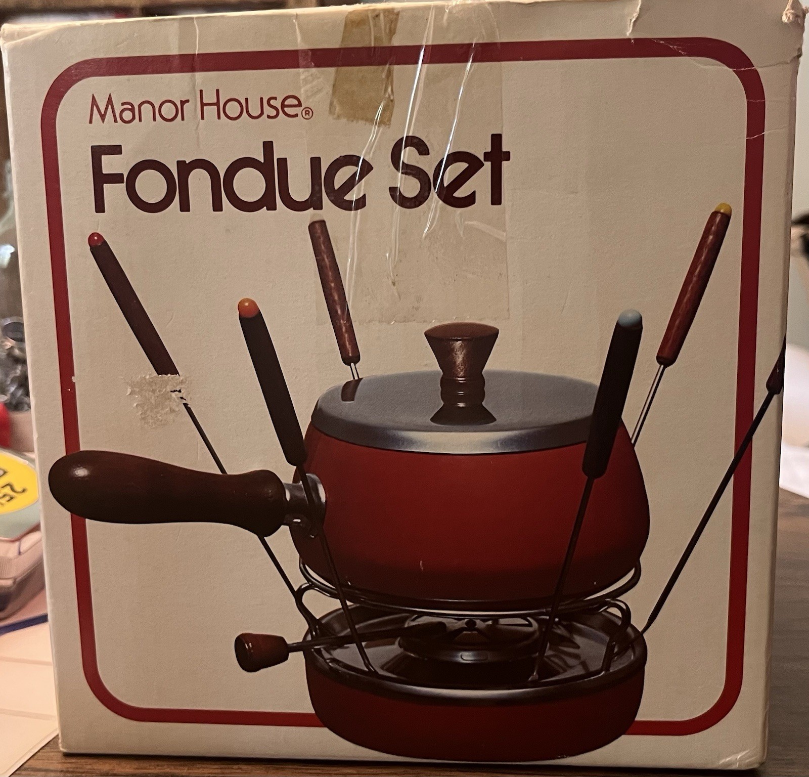 Manor House Red Fondue Set Mid Century New Old Stock Made In Japan Unused