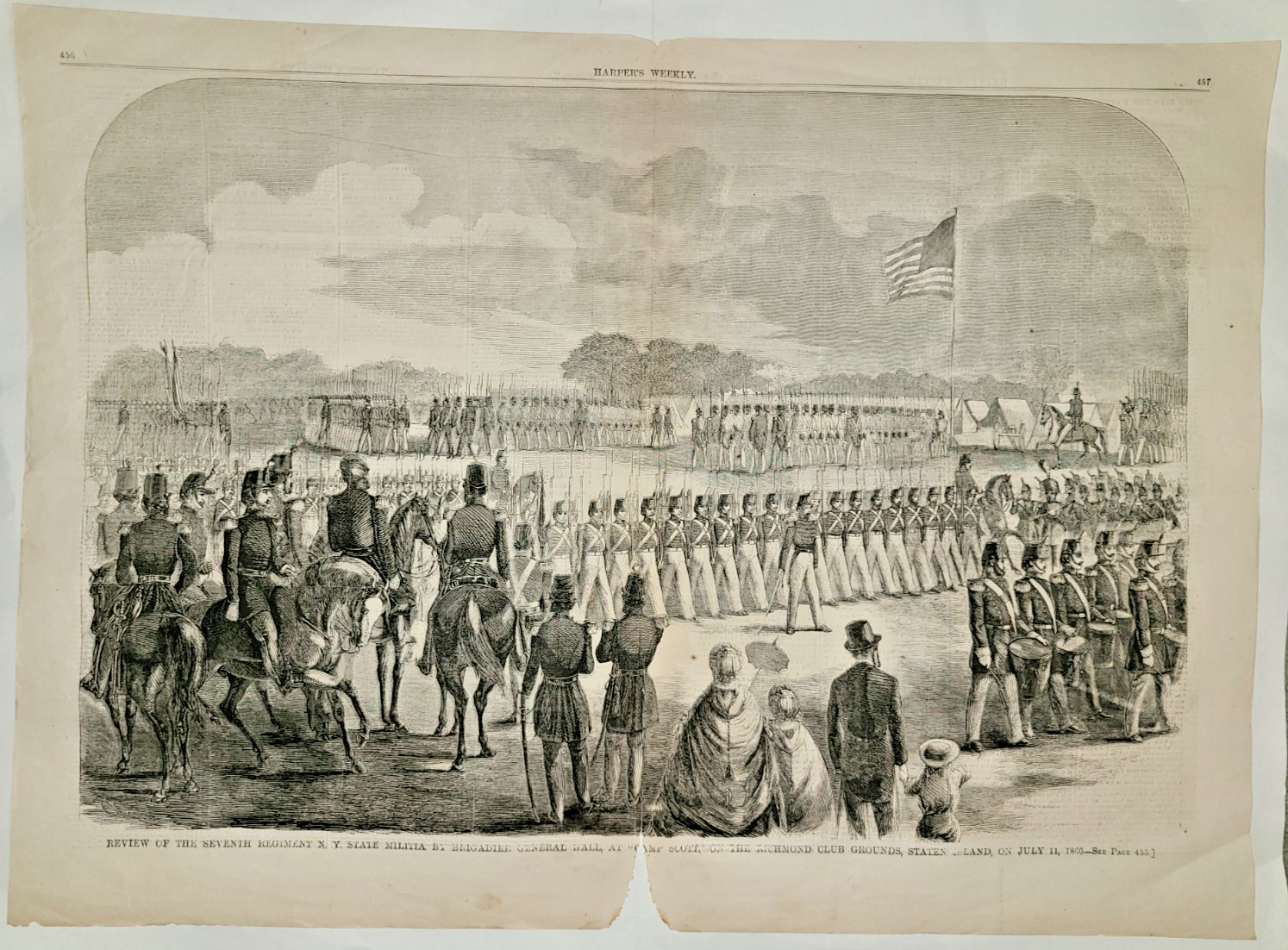 Antique engraving, Seventh Regiment NY Militia at Camp Scott, Harper's Wkly 1860
