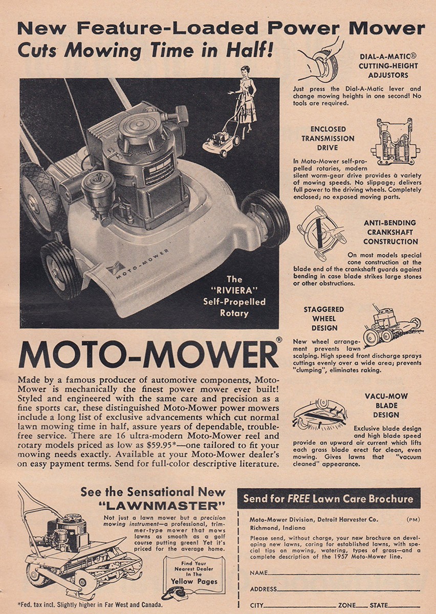 1957 Moto Mower: Cuts Mowing Time In Half Vintage Print Ad