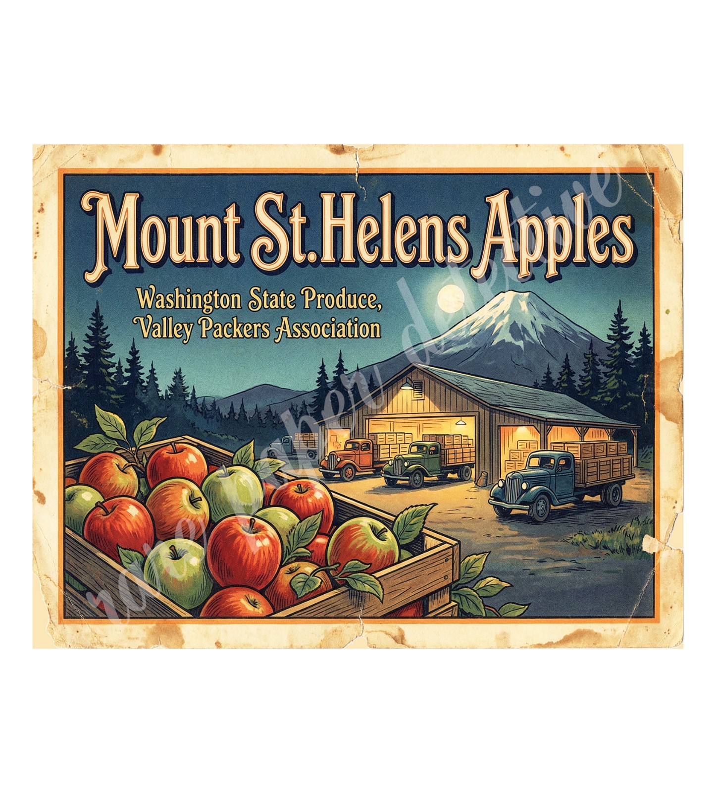 Mount St. Helens Apple 1950s Style Fruit Crate Art, Retro Advertising 10.5