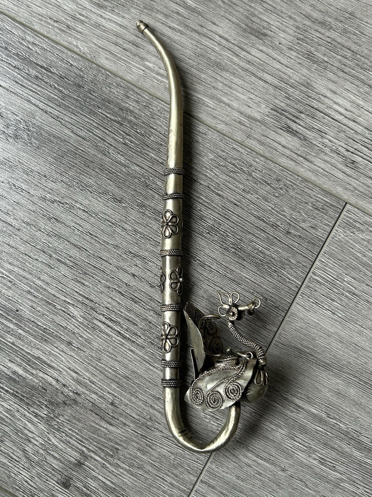 Antique Oriental Filigree Metal Smoking Tobacco Pipe Asian Peacock 8