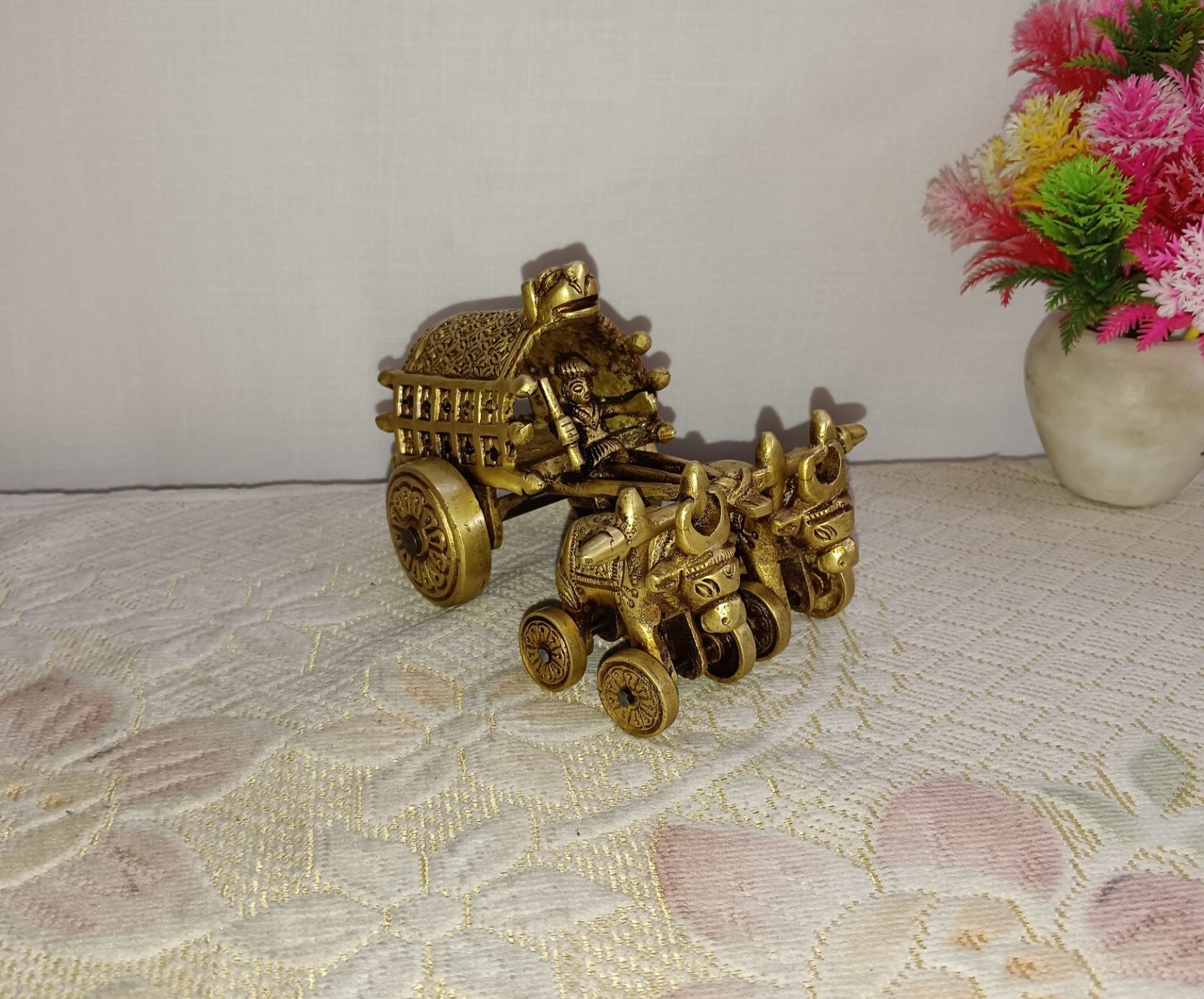 Farmer Riding Bull Cart Statue Bastar Art Brass Man Sitting on Buggy Idol CA127