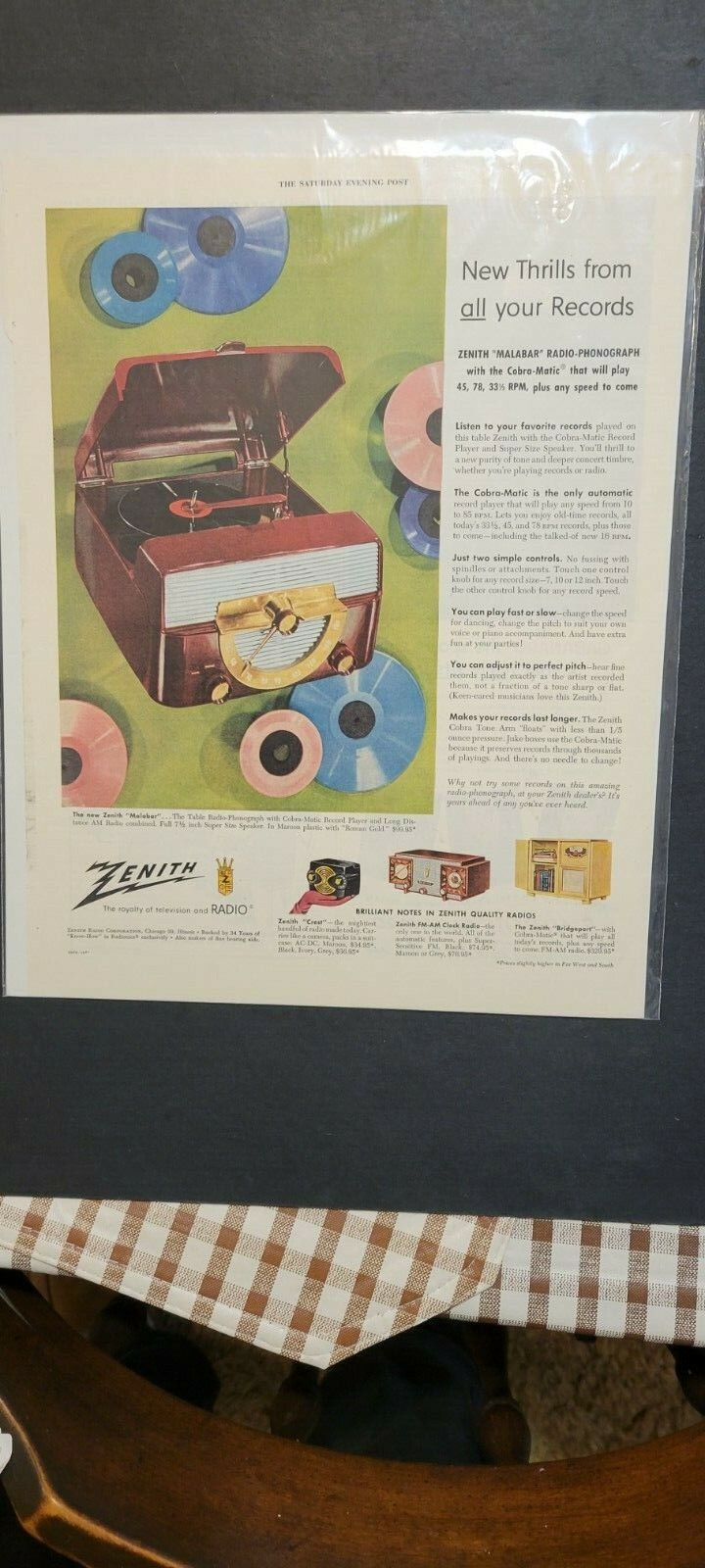 1950's Saturday Evening Post  Full Color  Zenith Radio Phonograph - Gorgeous