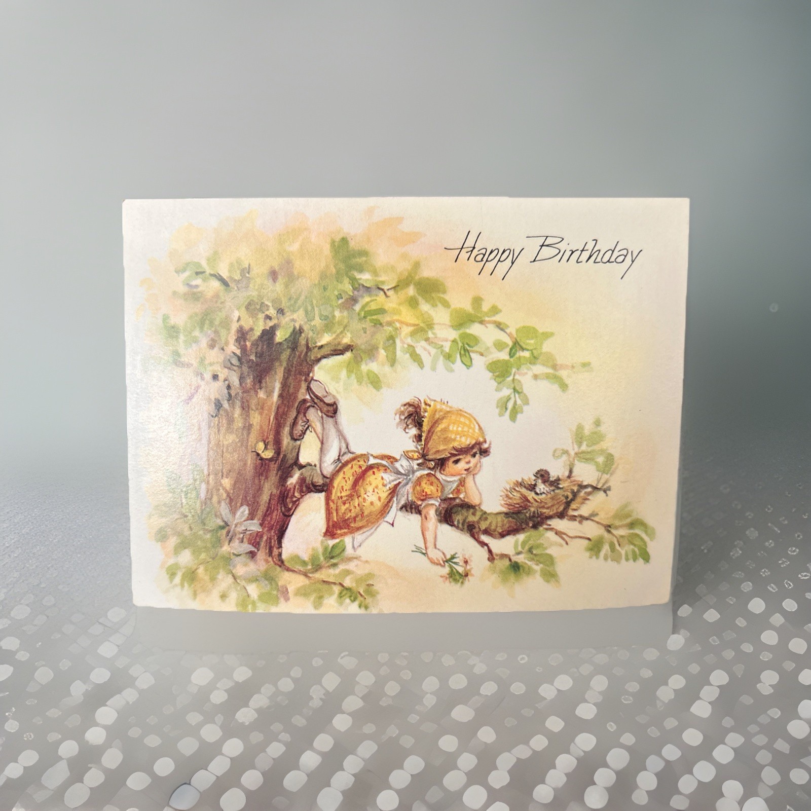 Unused Vintage A Sunshine Card BIRTHDAY Card Cute Dutch little Girl tree birds