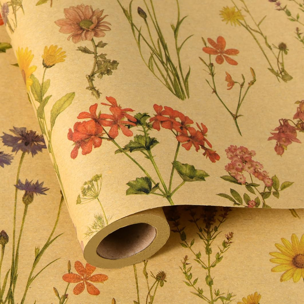 Vintage Floral Wrapping Paper Roll - 17 Inches X 16.5 Feet - Kraft
