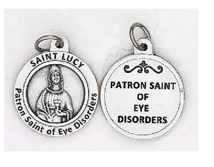 Saint St Lucy  - Patron St. of Eye Disorders - Silver Tone Round Ox Medal 