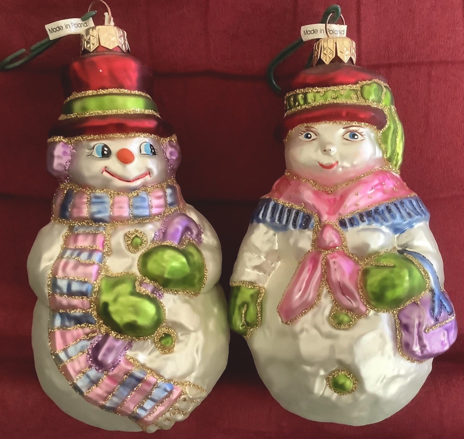 Vtg. Glass Xmas Ornament Set: RADKO Snowman Couple*Jumbo 5.5”*FROSTY ROMANCE