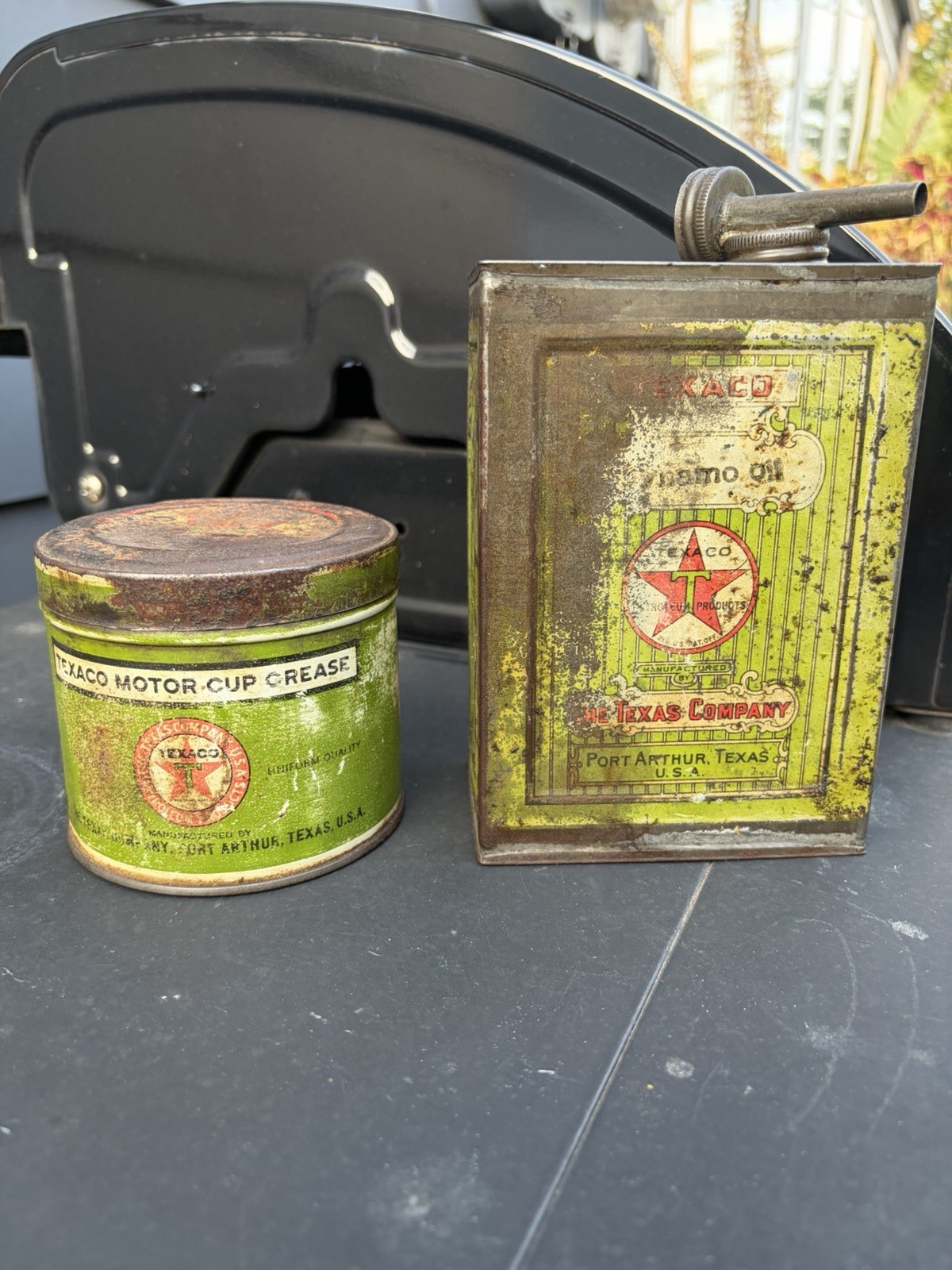 2-Vintage Texaco Dynamo Oil Cup Grease Advertising Cans Port Arthur Texas Empty
