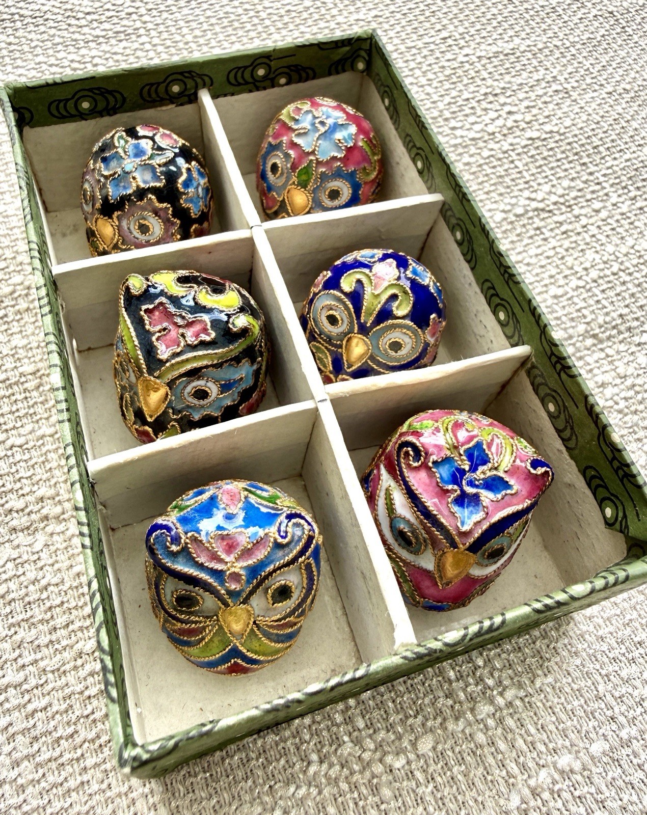 Vintage Smithsonian Cloisonne Owl Thimbles Set of 6 Original Box China