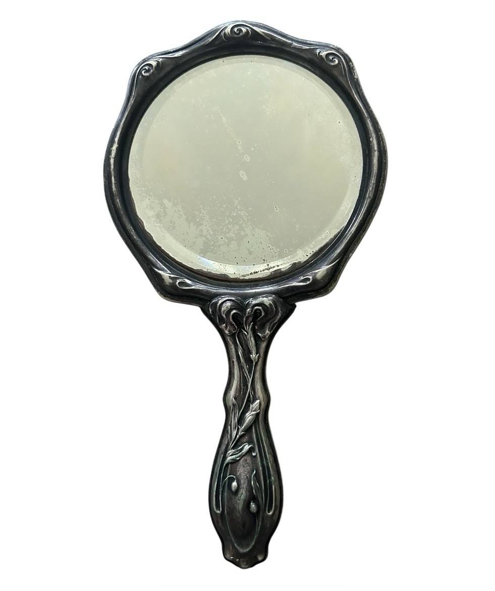 Antique Art Nouveau Handheld Beveled Mirror Figural Lady 1905