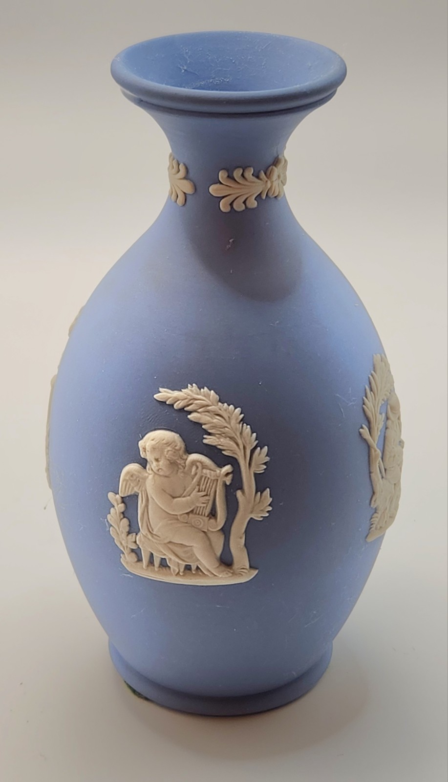 Vintage Wedgwood Blue Jasperware Vase England Cherubs Man Woman Dogs