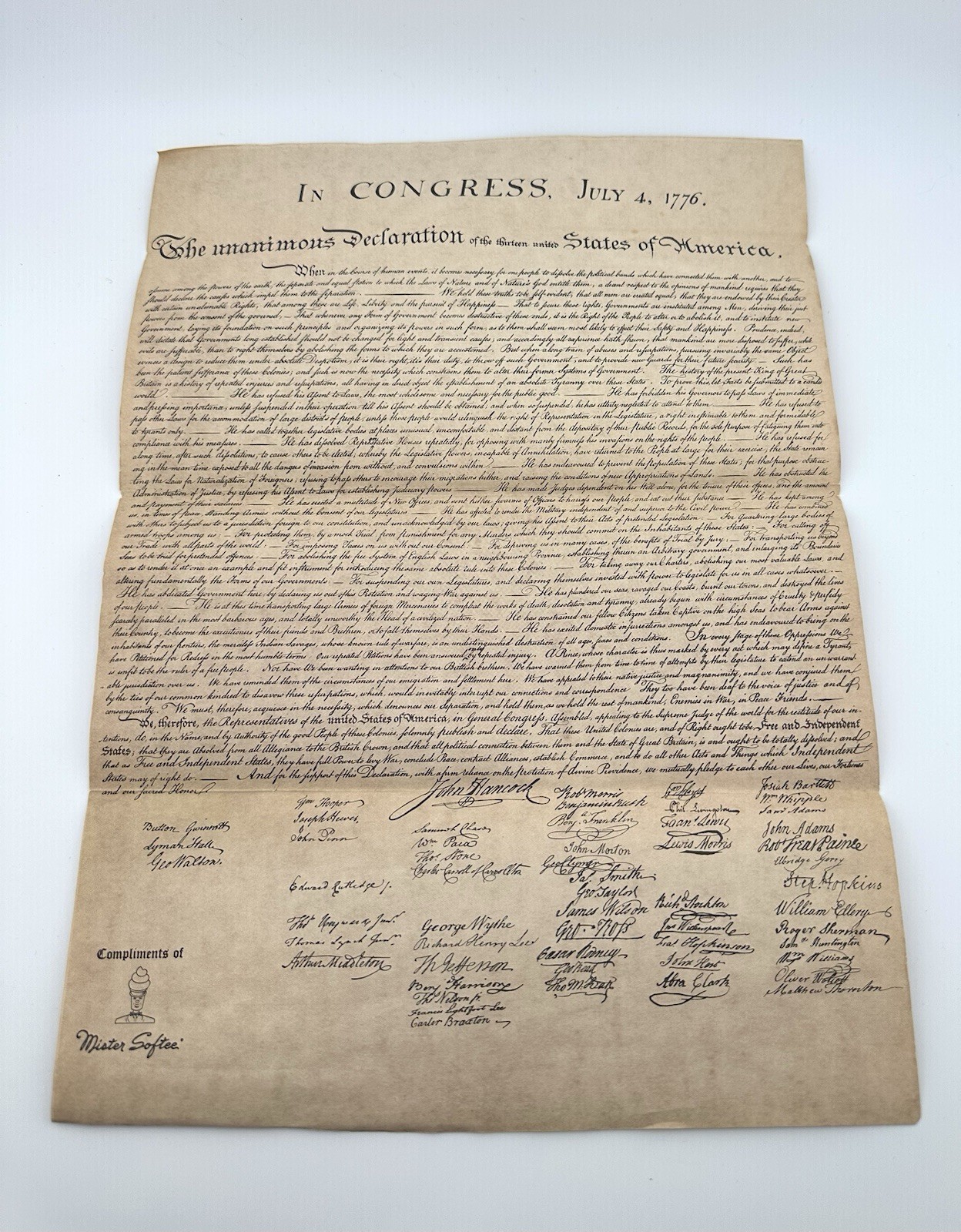 Vintage Mister Softee Declaration of Independence Parchment Poster 15x11 Promo#4