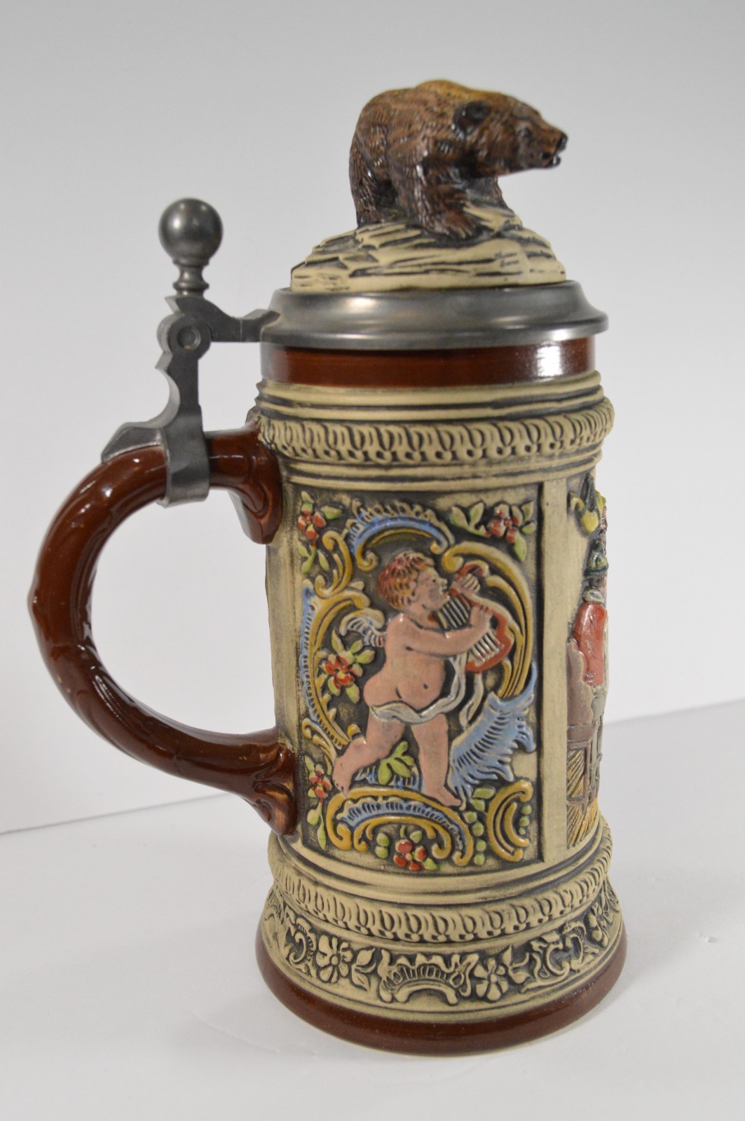 Vintage GERZ W Germany Beer Stein Bear Lid Tavern Cherub Relief Stoneware