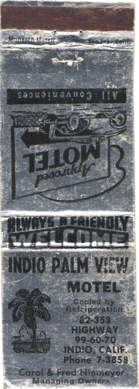 Indio Palm View Motel Indio CA Vintage Matchbook Cover 1960s-70s Indio Palm View Motel Indio CA Vintage Matchbook Cover 1960s-70s