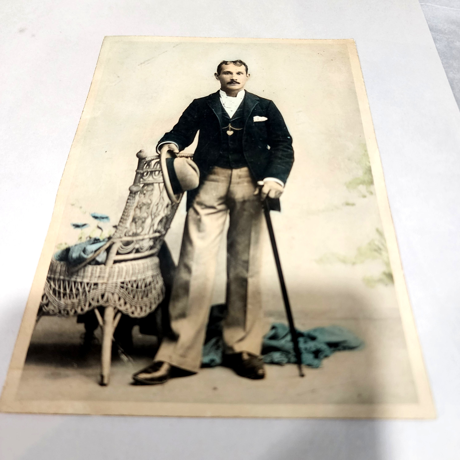 Antique Cabinet Card Style Photo Gilded Age Dapper Man Cane Watch Fob 5x7