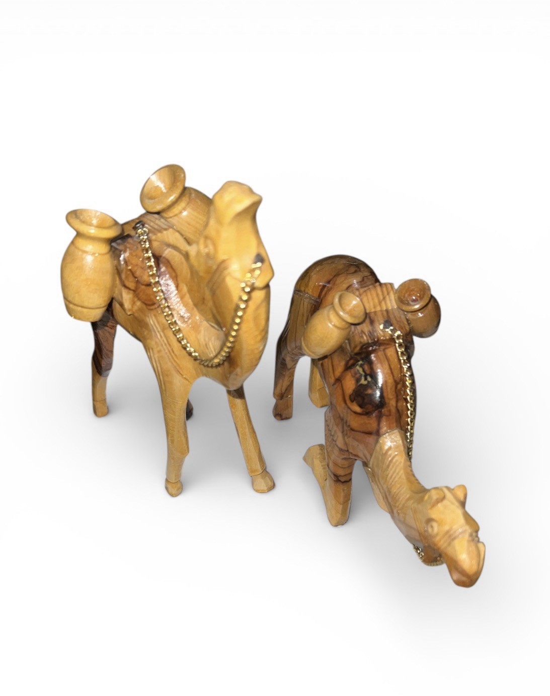 Vtg Camel Figurine Set Of 2 Hand Carved Olive Wood Rustic Nativity Caravan