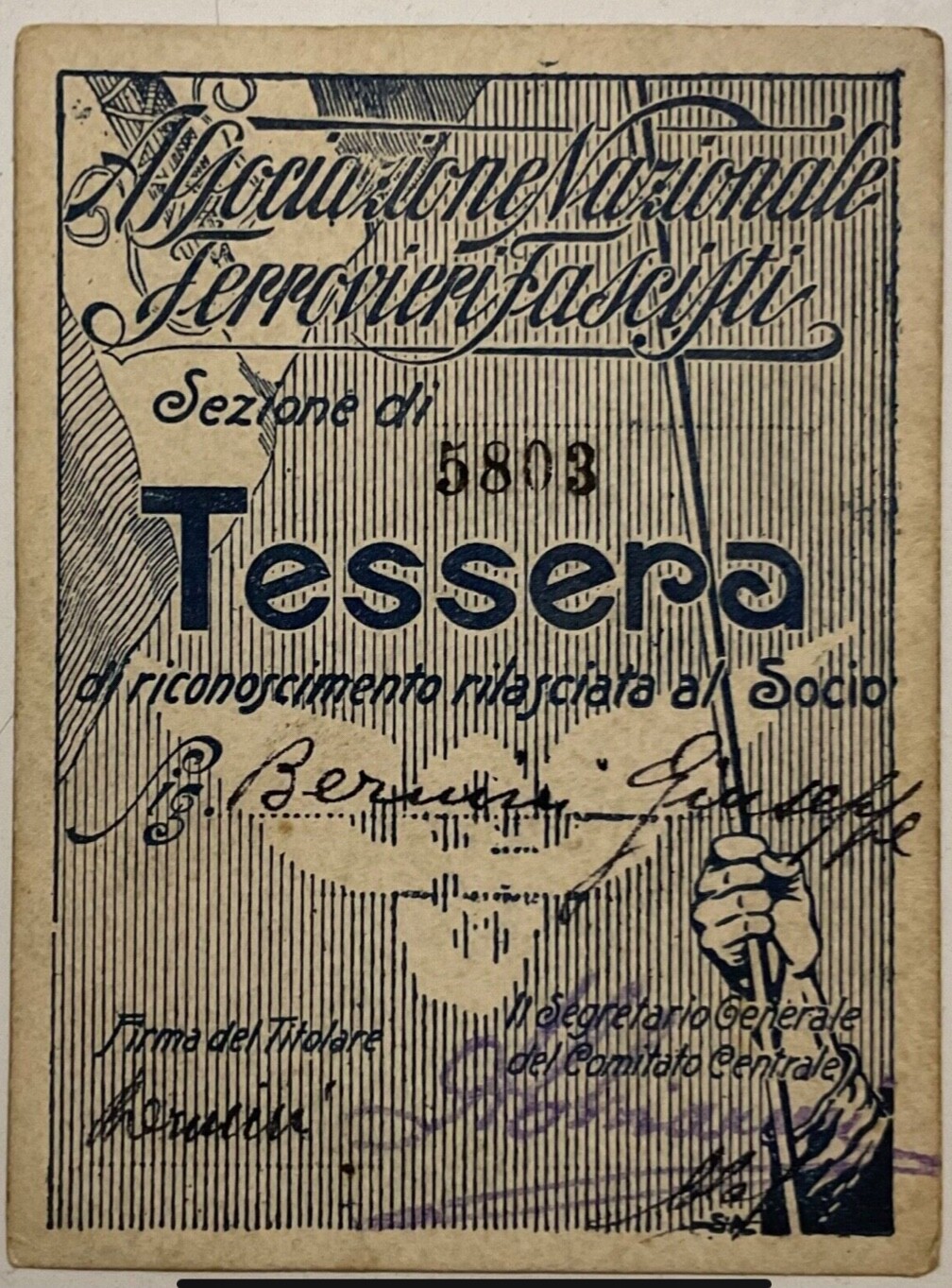 ANCONA PNF ASSOCIAZIONE NAZIONALE FERROVIERI F… TESSERA ANNO A.I° 1923 VENTENNIO