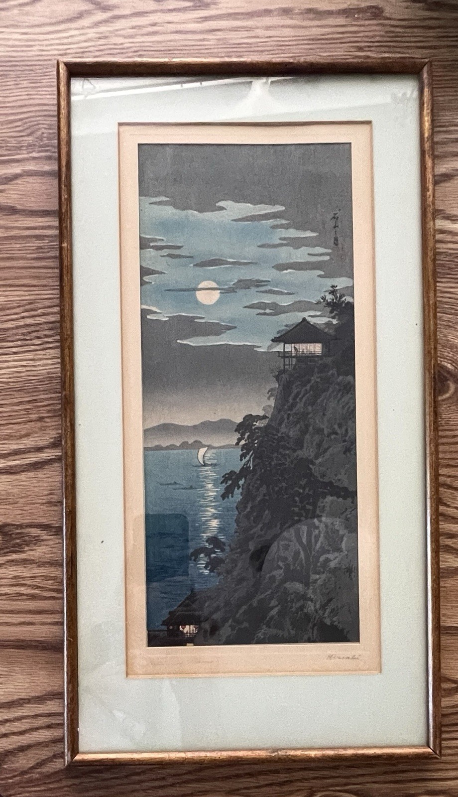 Takahashi Shotei Hiroaki Moon Ishiyama Lake Biwa Japanese Woodblock Print 7x15