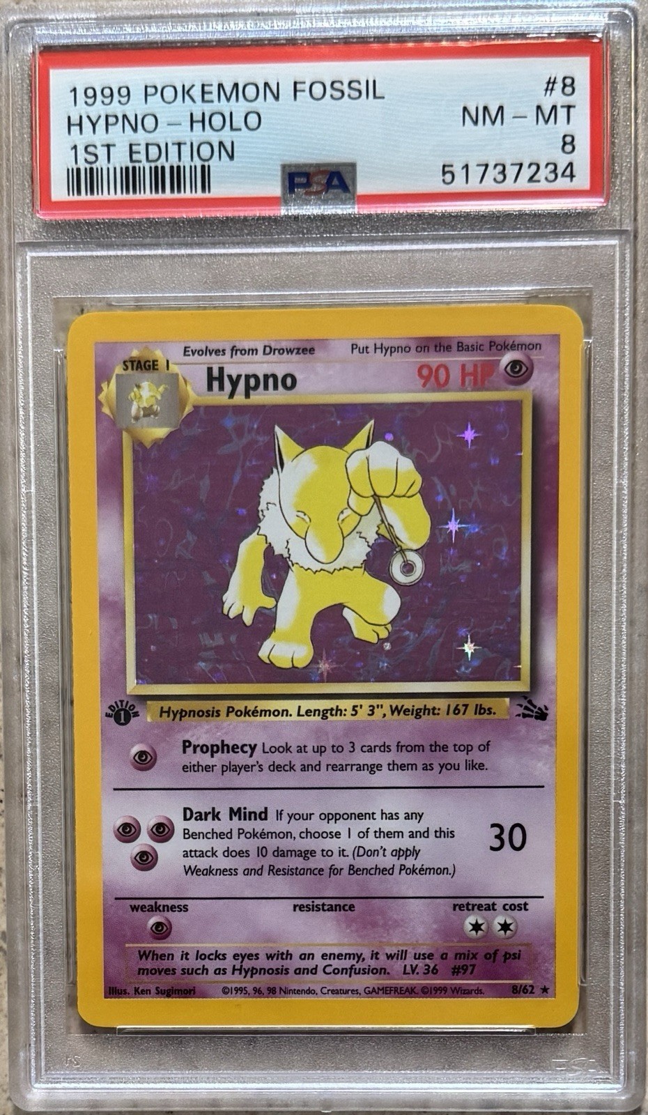 Pokémon 1999 Fossil Hypno 1st Edition Holo #8/62 PSA 8 English