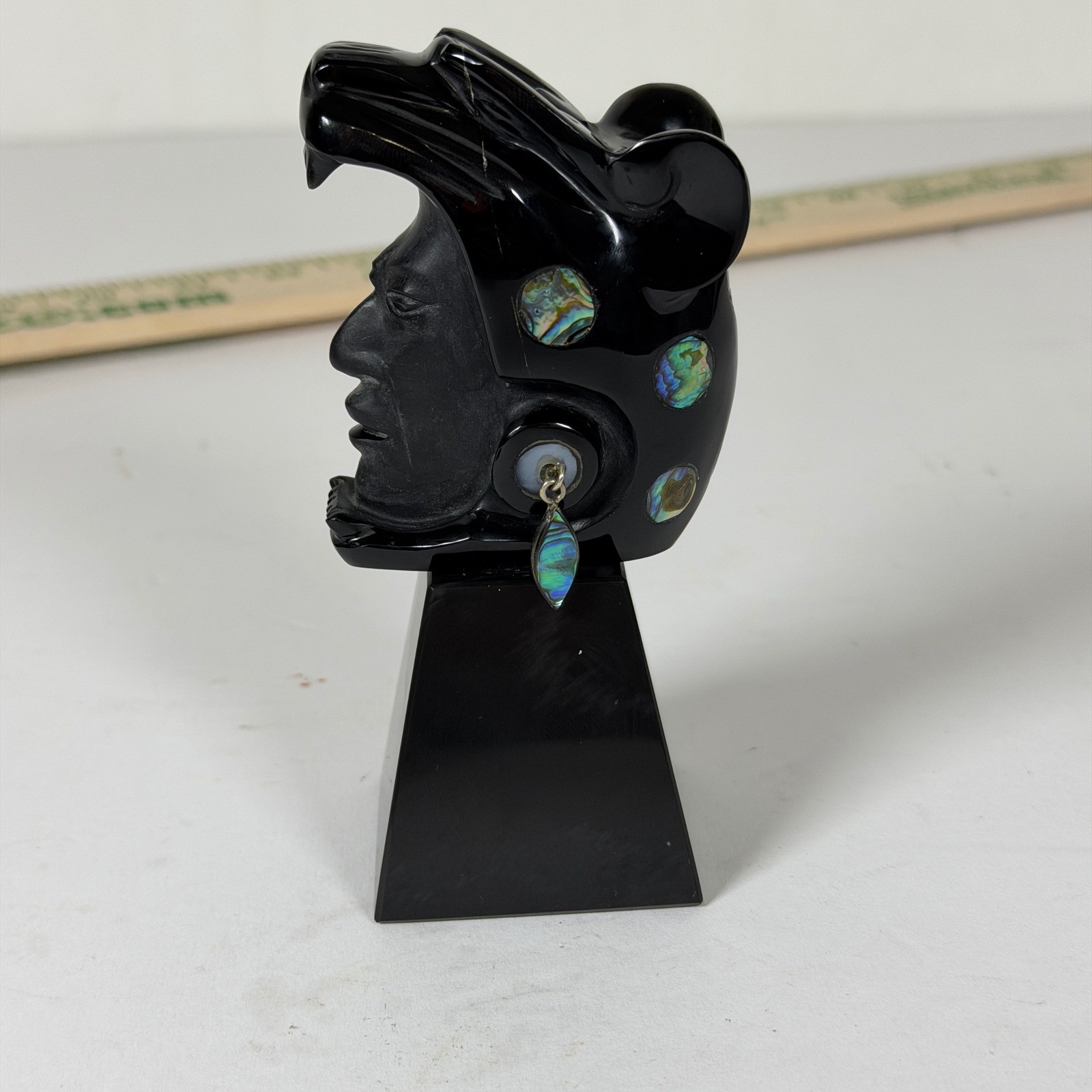 Vintage Teotihuacan Mexico Obsidian Aztec Jaguar Warrior Bust Abalone 925 Silver