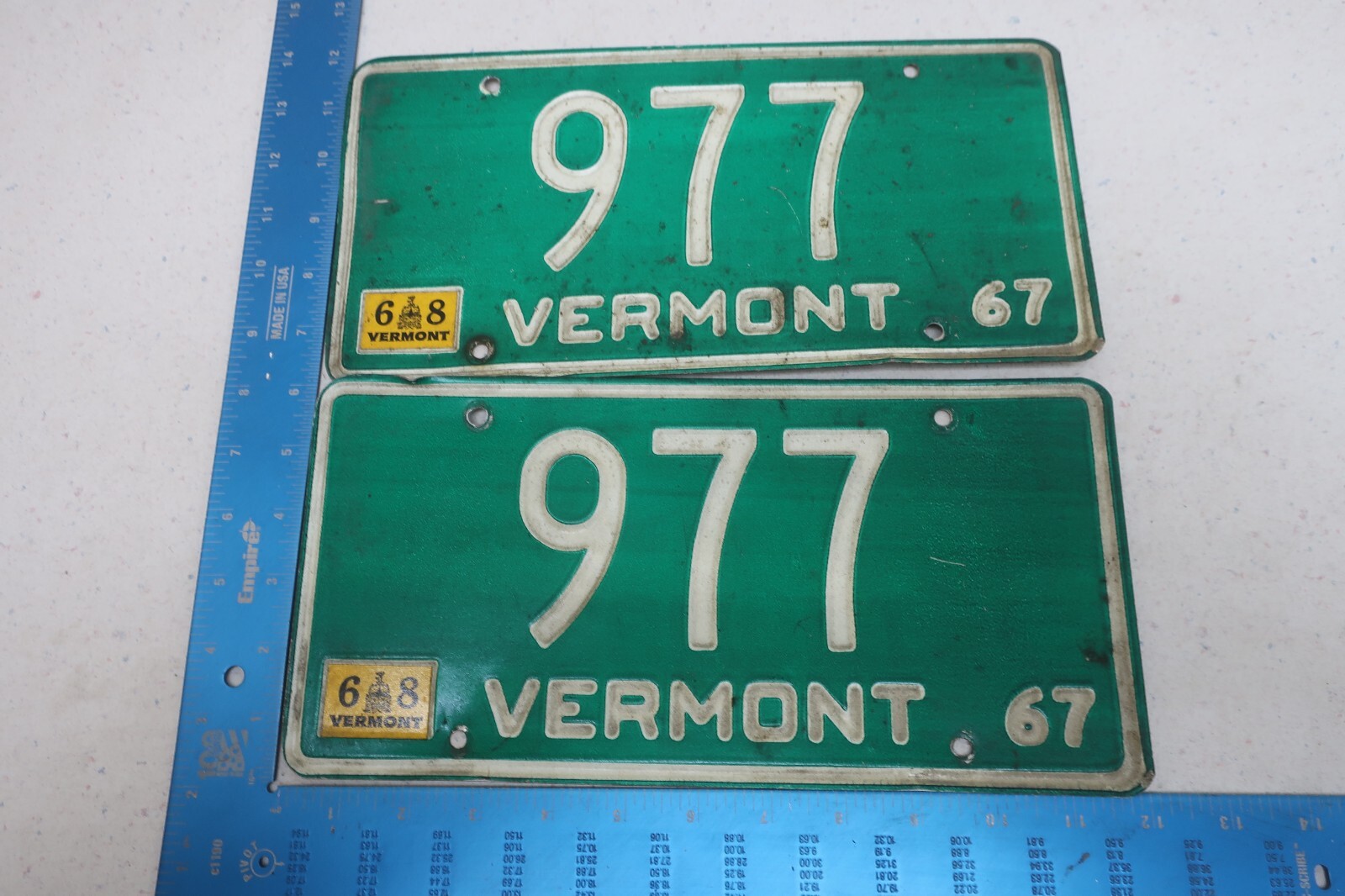 Vermont License Plate Tag 1967 1968 VT Natural Sticker Pair Set 977