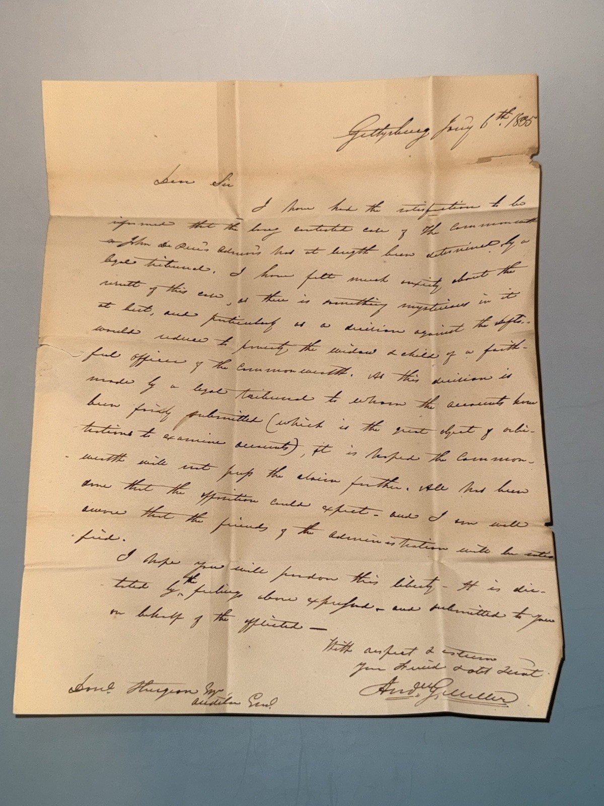 1835 Gettysburg PA Letter Signed Andrew G. Miller to Auditor General