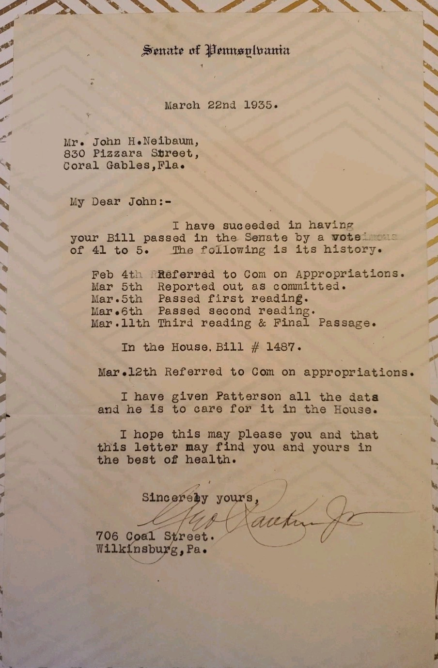 1935 Senator George Rankin Jr Letter RE Bill Pennsylvania Senate Signed 